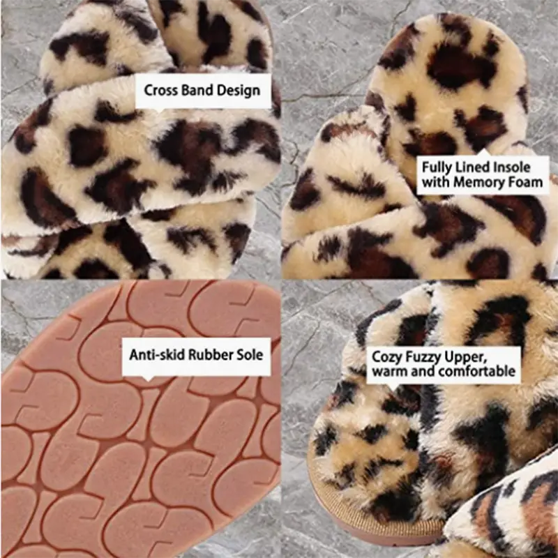 Leopard fuzzy cross strap plush house slippers featuring a leopard-print fuzzy exterior, cross-band design, memory foam insole, and anti-skid rubber sole.