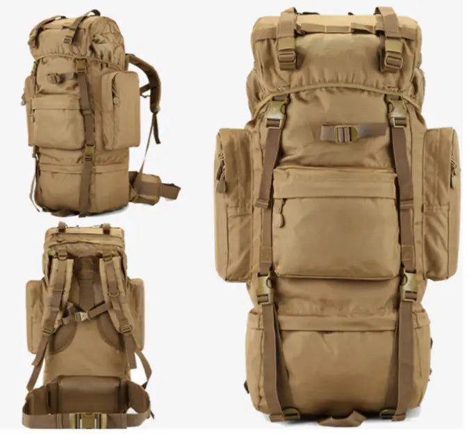 Tan 70l tactical hiking backpack made of 900d oxford fabric featuring multiple compartments and adjustable straps.