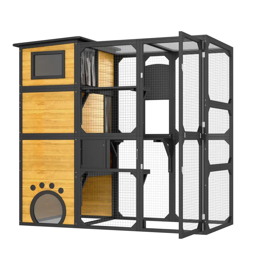 Large outdoor catio 4 tier wooden cat enclosure with black metal frame, light wood panels, paw-print entrance, and mesh sides.
