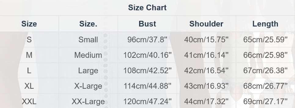 Size chart for lace panel Peter Pan collar sleeveless top showing measurements in centimeters and inches for sizes s through xxl.