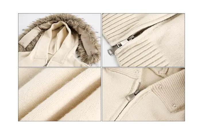 Cream-colored fur collar hooded knit coat with ribbed knit fabric, faux fur-lined hood, and silver zippers for winter wear.