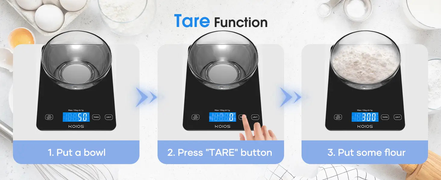 Black digital kitchen scale with transparent glass bowl and blue led display showing weight readings for precise food measuring up to 15kg rechargeable food scale.
