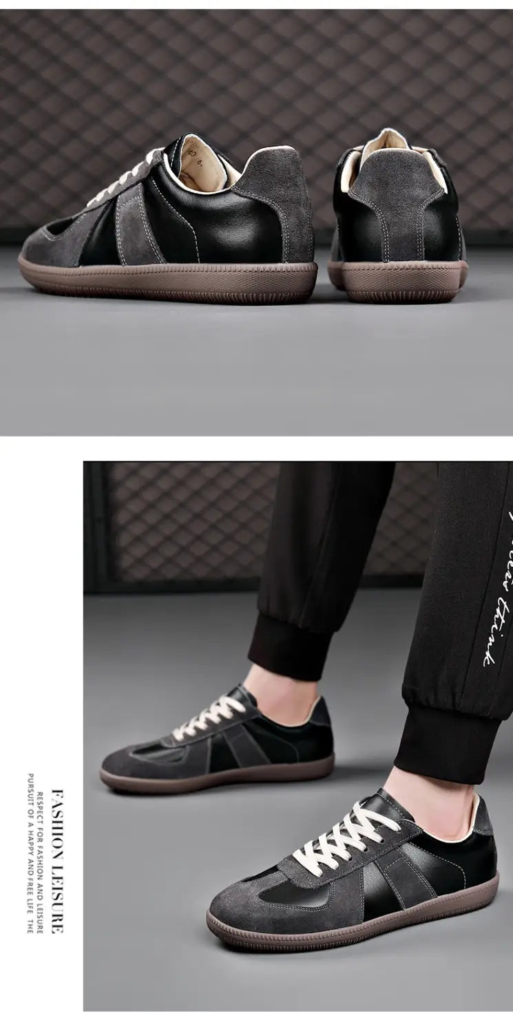Schwarze und graue Veloursleder- sowie Leder-Low-Top-Trainingsschuhe für Herren aus Deutschland, Herren-Leder-Casual-Sneaker mit weißen Schnürsenkeln.