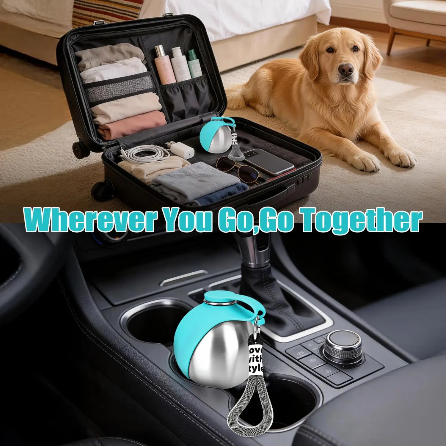 Eine elegante zweifarbige, tragbare Wasserflasche für Hunde mit türkisfarbenem Silikonverschluss und silbernem Körper aus rostfreiem Stahl, entworfen als Reise-Spender.