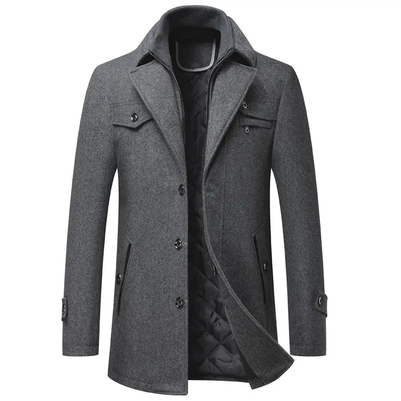 Men wool winter overcoat gray woolen fabric with notched collar front button closure and two flap pockets.