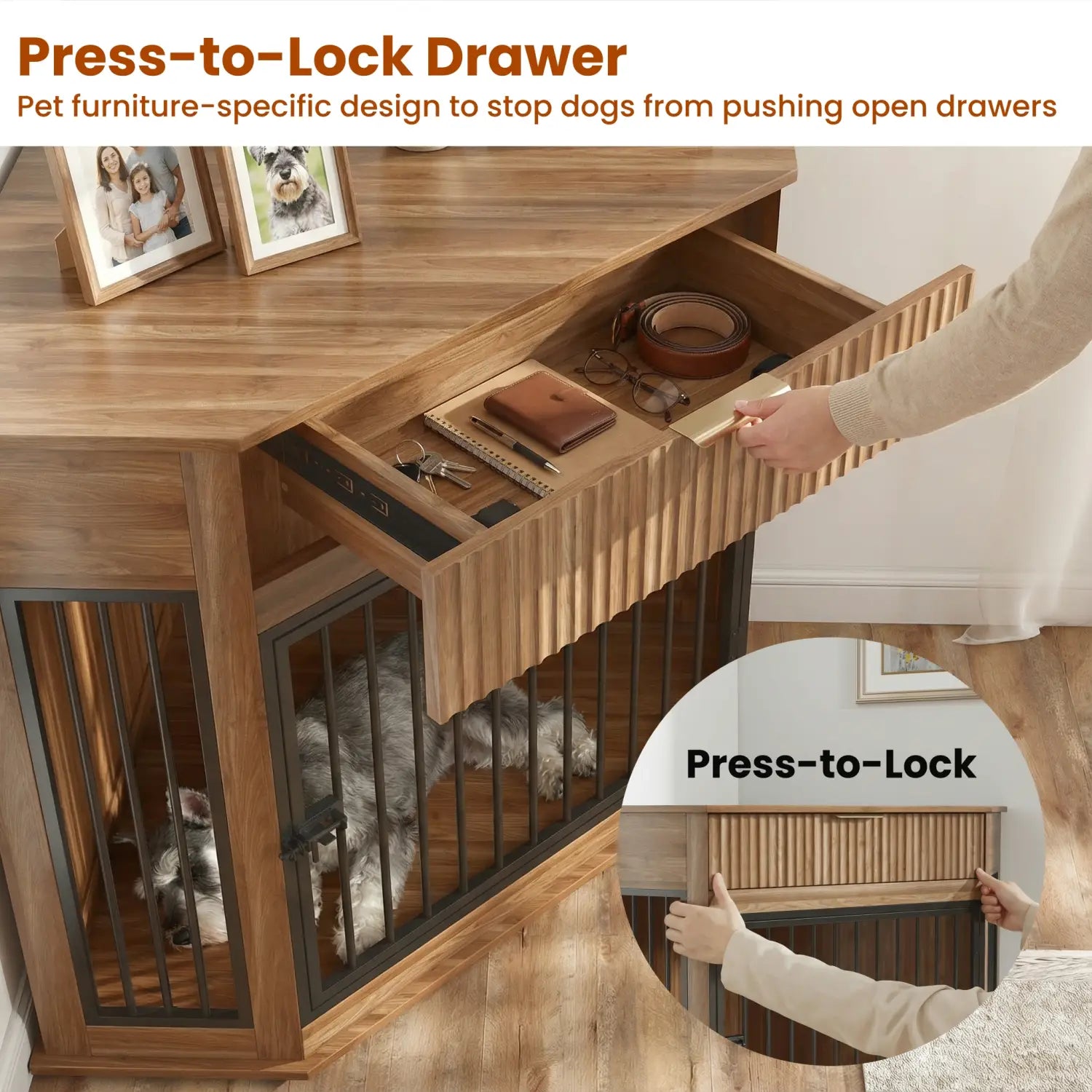 wooden press-to-lock drawer with vertical slats in fluted storage drawer design as part of corner dog crate furniture with sleek modern style.