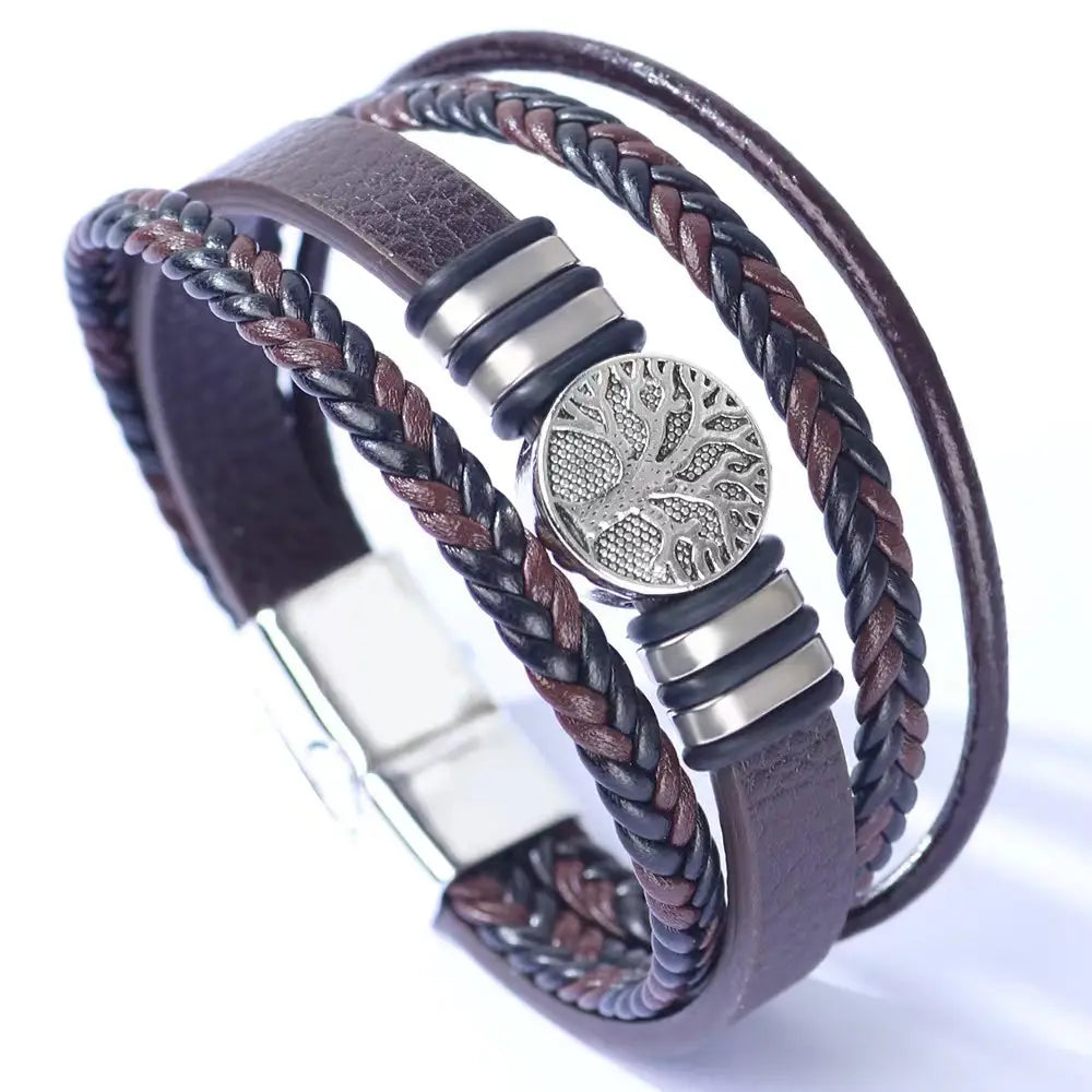 Bracelet multi-brins en cuir tressé marron et noir avec arbre de vie pour hommes, avec un charme argenté