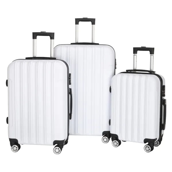 Set of three white hard shell spinner suitcases with black trim and silver wheels in a white 3 piece hard shell spinner suitcase set.