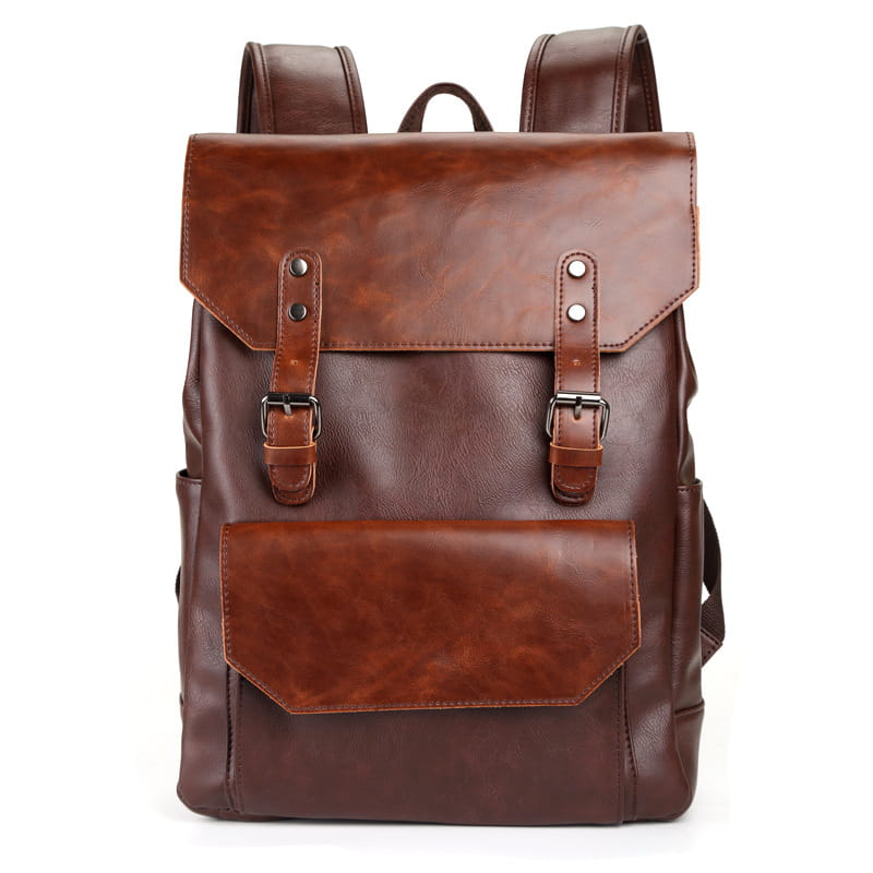 Brown leather backpack with flap closure secured by two buckled straps and matching shoulder straps designed for large capacity unisex use in crazy horse leather.