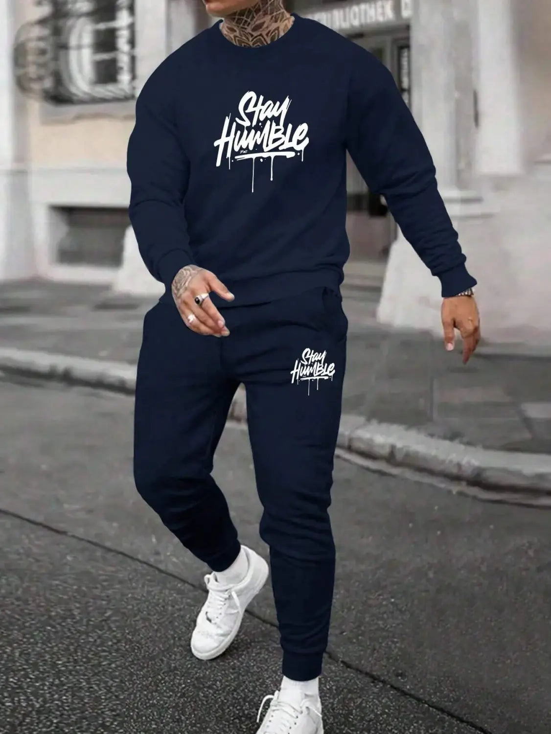 Navy blue Paris printed fleece hoodie and joggers set with white graffiti style stay humble lettering.