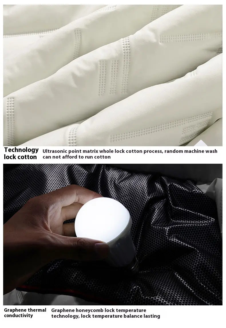 White quilted cotton waterproof thermal winter puffer jacket featuring graphene honeycomb lock temperature technology lining.