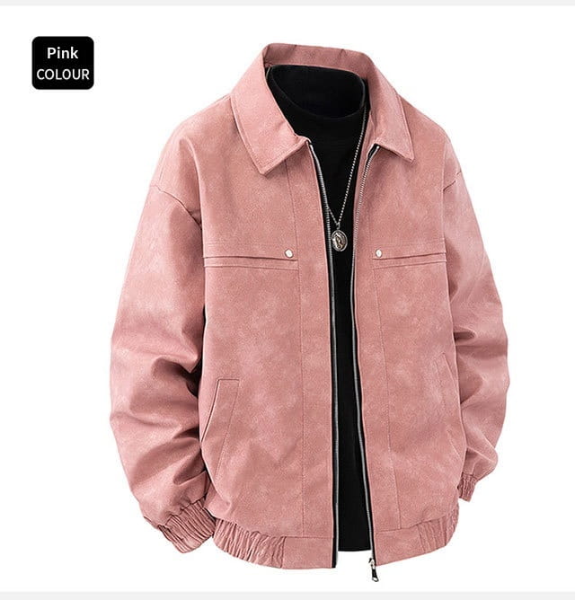 Mens vintage suede bomber jacket slim fit in pink featuring a classic collar front zipper closure and two chest pockets.