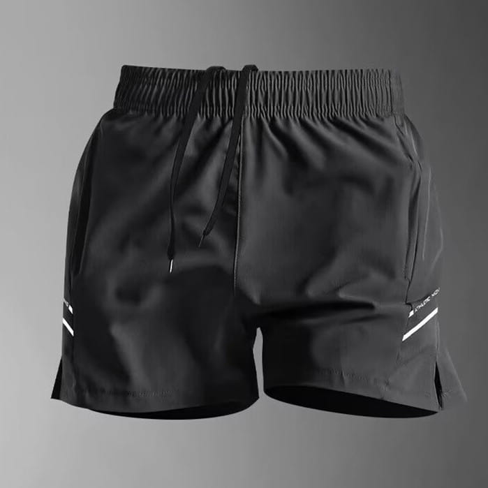 black ice silk quick-drying straight-leg athletic shorts with reflective white stripes on the sides and a drawstring waistband