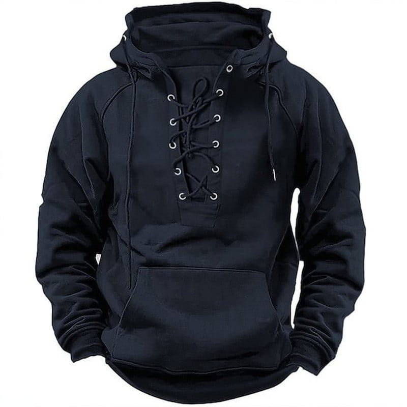 Men’s black cotton pullover hoodie with lace-up front, drawstring hood, and kangaroo pocket.