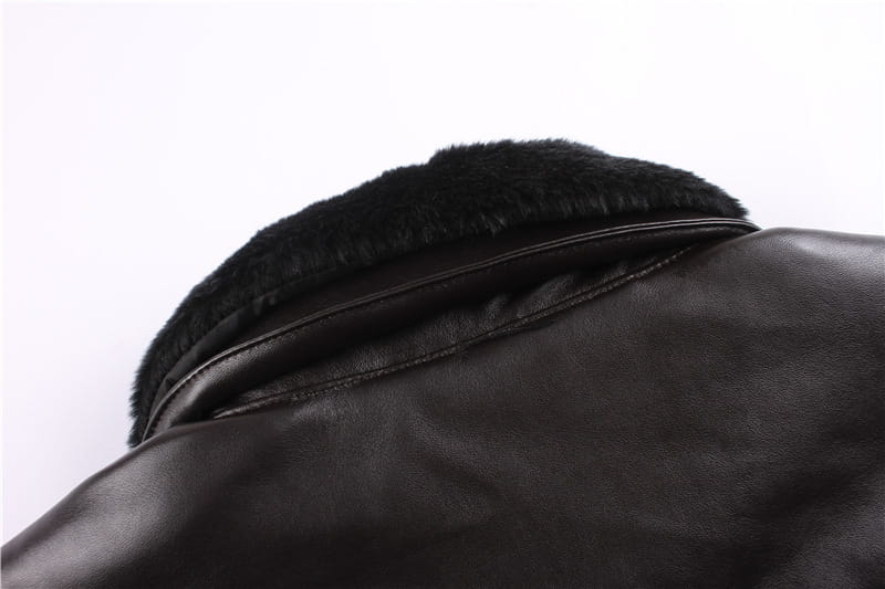 Black leather air force fur leather bomber jacket with a plush soft fur-lined collar and flag lining