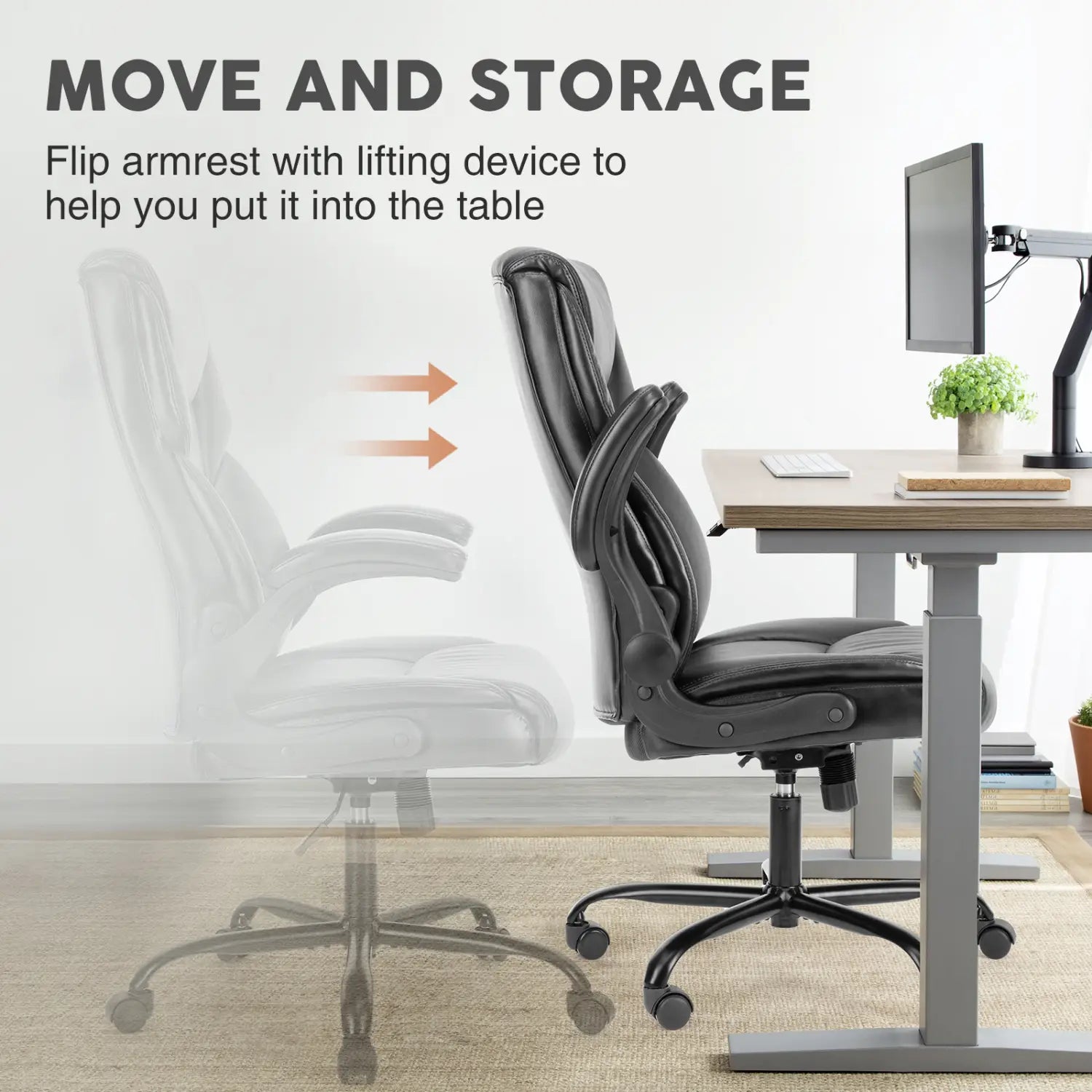 Silla de oficina ergonómica de cuero negro con apoyabrazos abatibles ajustables y base de cinco ruedas.