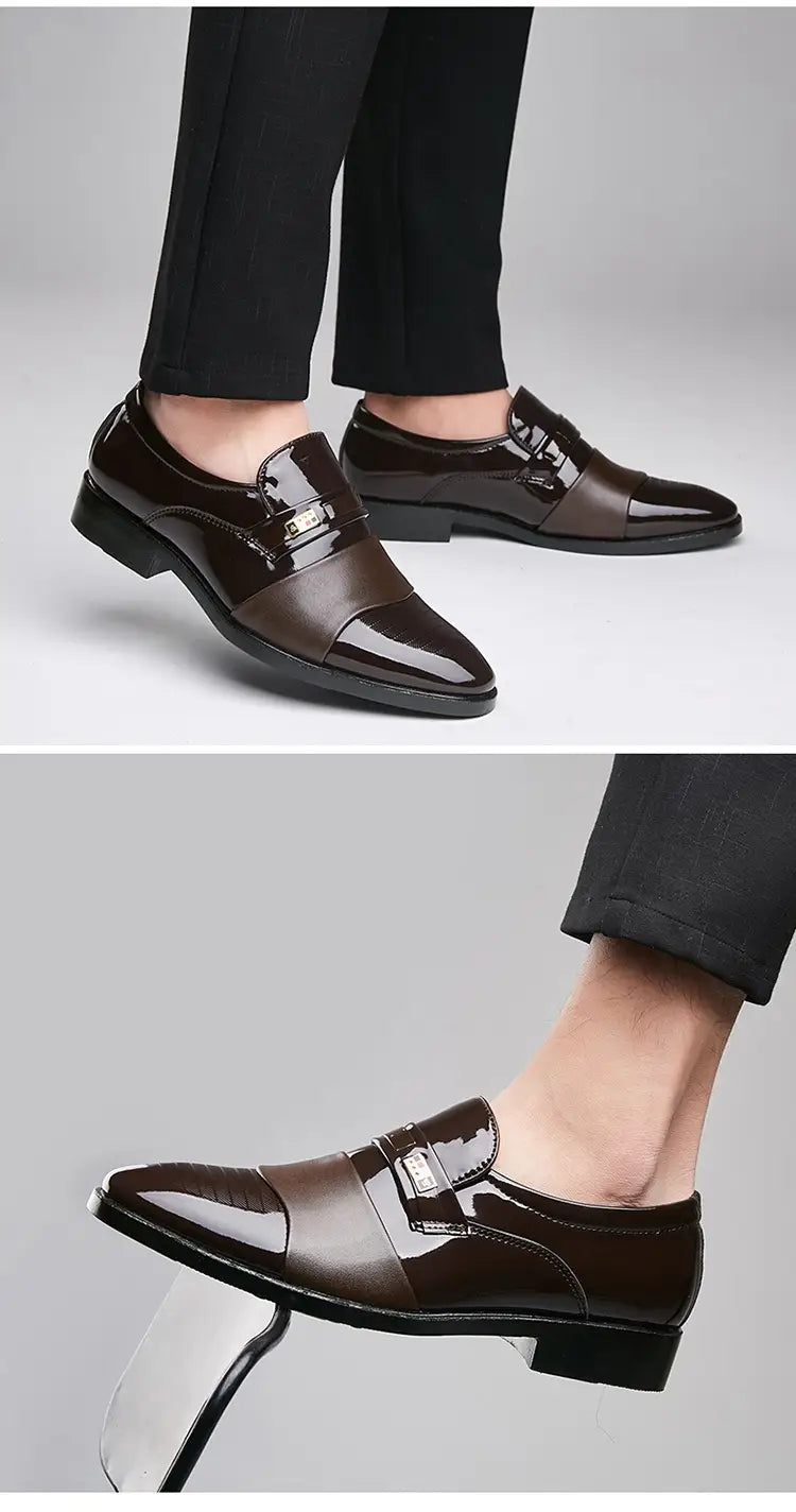 Men’s black patent leather lace-up dress shoes with glossy finish and gold-tone buckle for business and formal wear