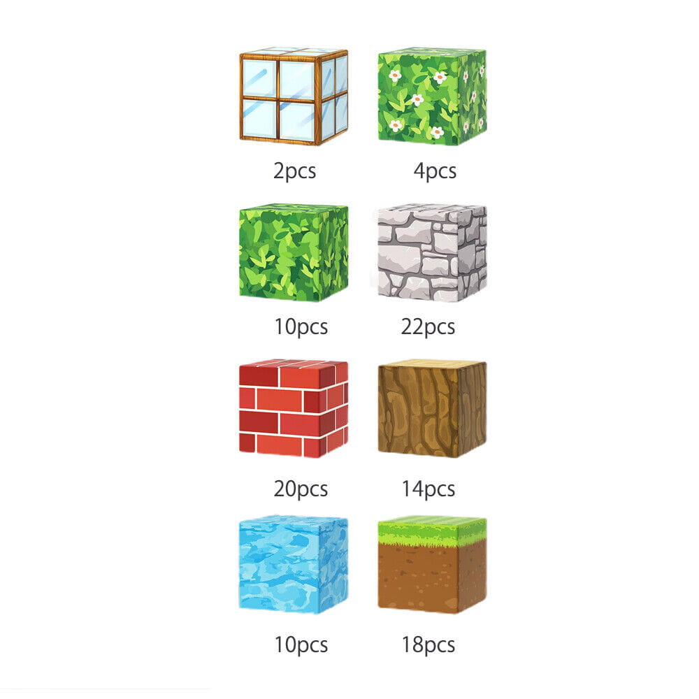 Set of 100 minecraft magnetic building blocks with various textures including glass, foliage, stone, brick, wood, water, and dirt for educational play.