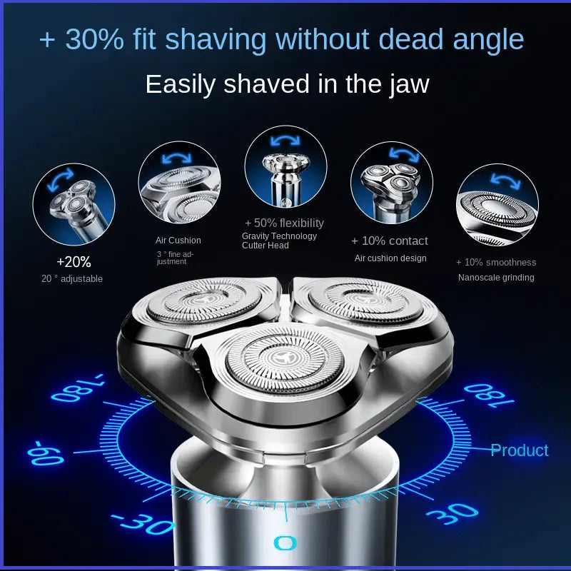 Rasoir électrique pour homme à triple tête, rasoir portable, avec une tête de rasage à trois lames argentée, offrant une finition métallique élégante et des surfaces de coupe conçues avec précision.
