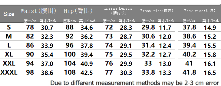 Size chart for men’s slim fit high stretch light gray business trousers showing measurements in centimeters and inches for sizes S through XXXL.