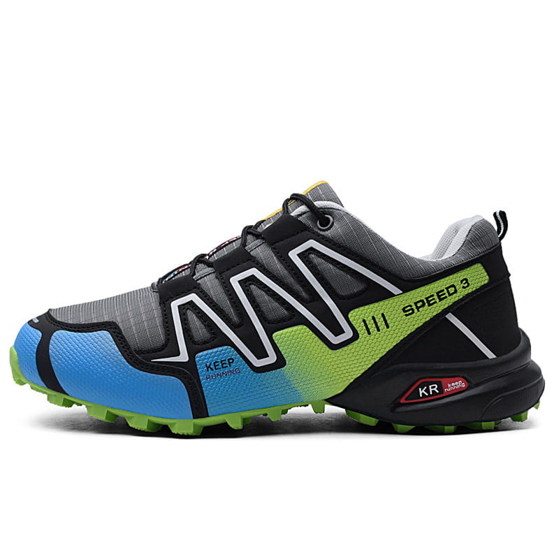 Men’s trail running shoes with breathable mesh in black gray and neon green featuring a blue toe cap and white logo accents.