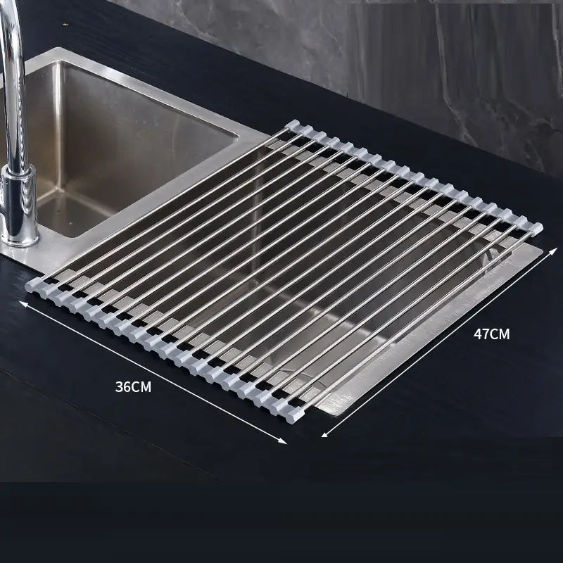 Silver stainless steel roll up dish drying rack for sink with expandable grid design