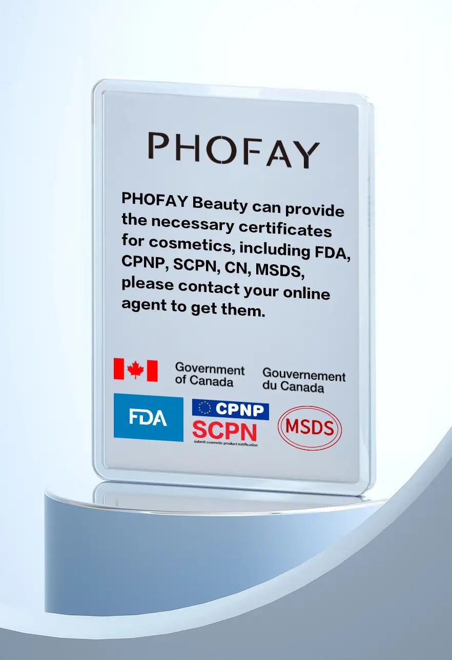 White rectangular plaque with black text and logos for Phofay Beauty hydrating pore correcting makeup primer 25ml featuring regulatory certifications including FDA CPNP SCPN CN and MSDS.