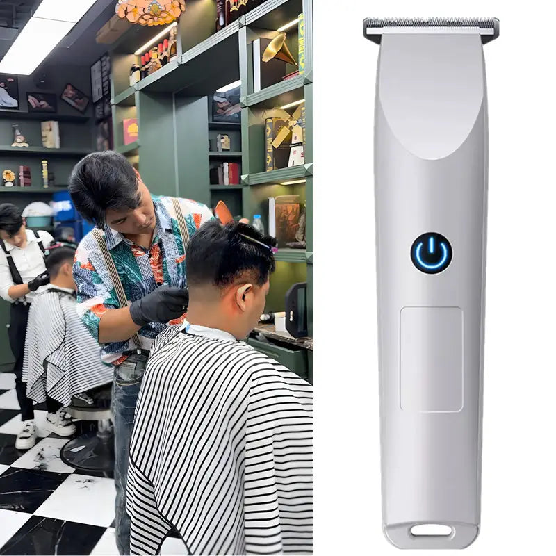 Silberner elektrischer Bartschneider mit wiederaufladbarem USB-Haartrimmer, blauem Netzschalter und rechteckigem Ladeanschluss.