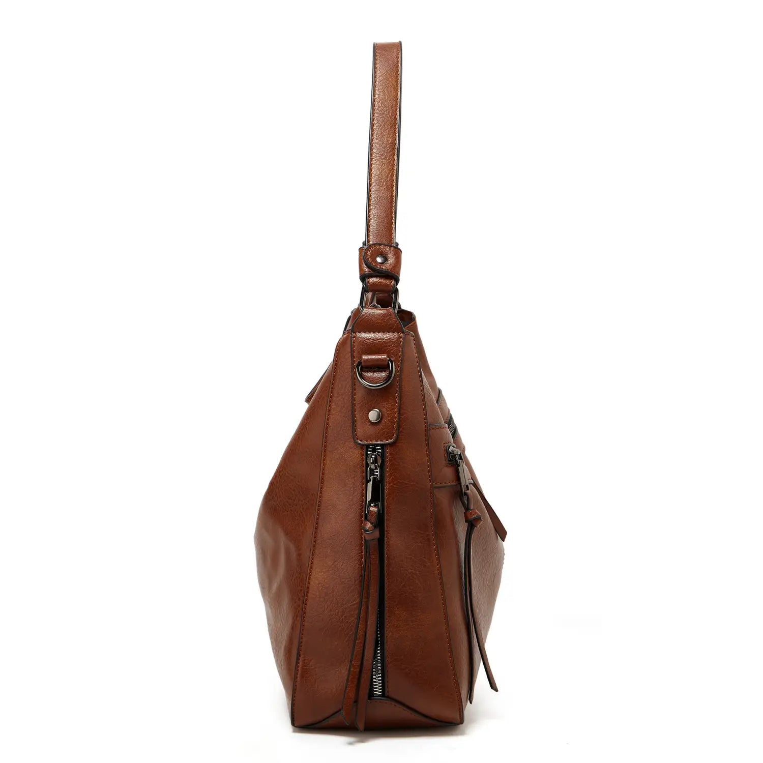 Braune Lederschultertasche mit einem einzelnen Träger und Reißverschlussverschlüssen, gestaltet als Multi-Reißverschluss-Crossbody-Tote
