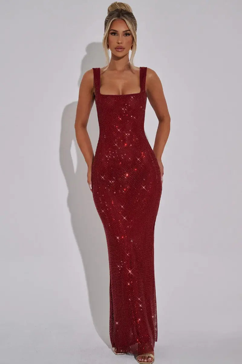 A shimmering burgundy sequined bodycon maxi sling dress with a square neckline and thin straps.