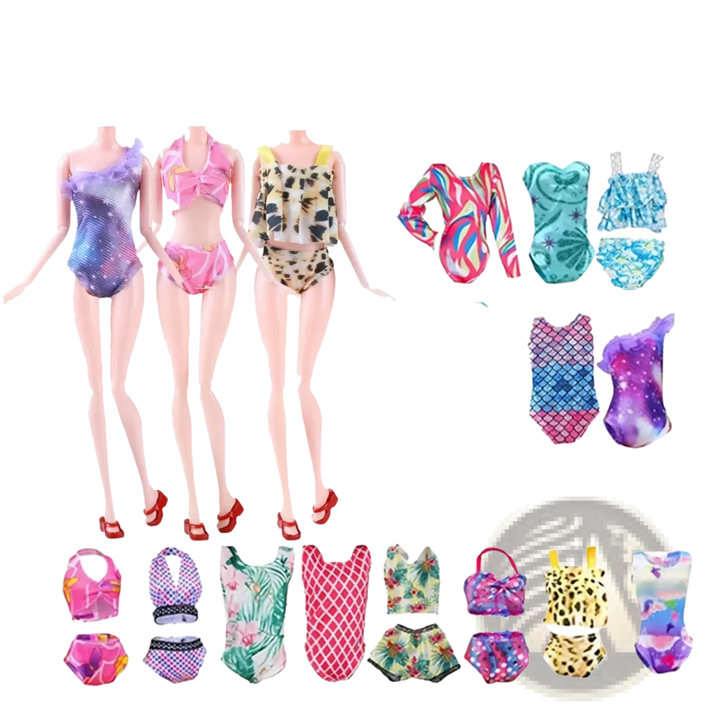 A collection of colorful patterned swimsuits for dolls included in a 64-piece doll clothes and accessories set