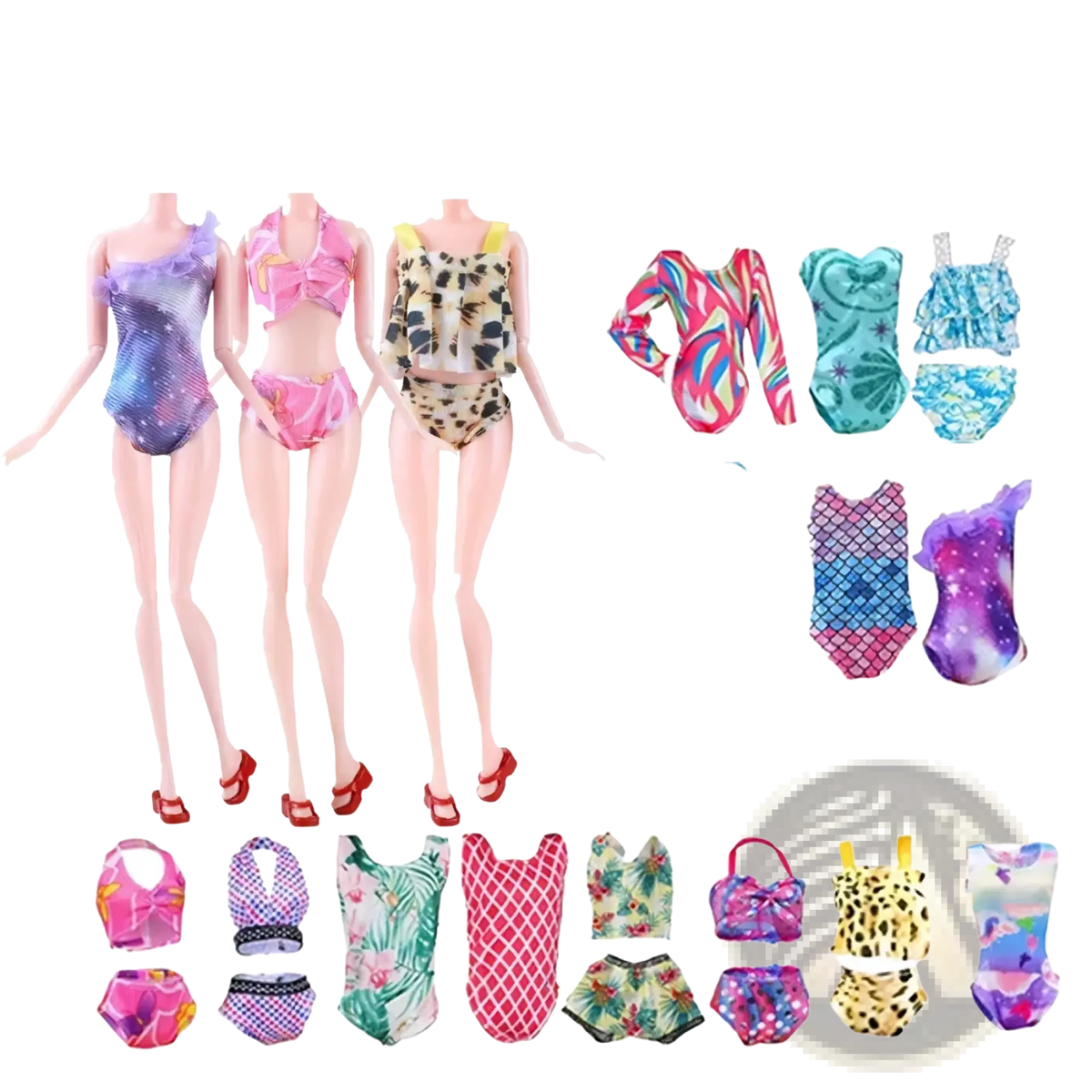 A collection of colorful patterned swimsuits for dolls included in a 64-piece doll clothes and accessories set