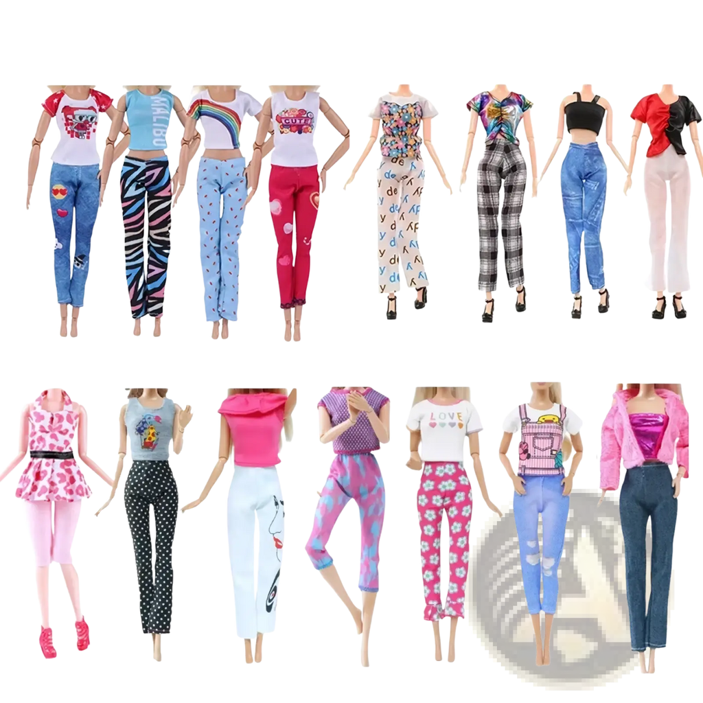 A 64-piece doll clothes and accessories set featuring colorful patterned tops and pants designed for barbie dolls