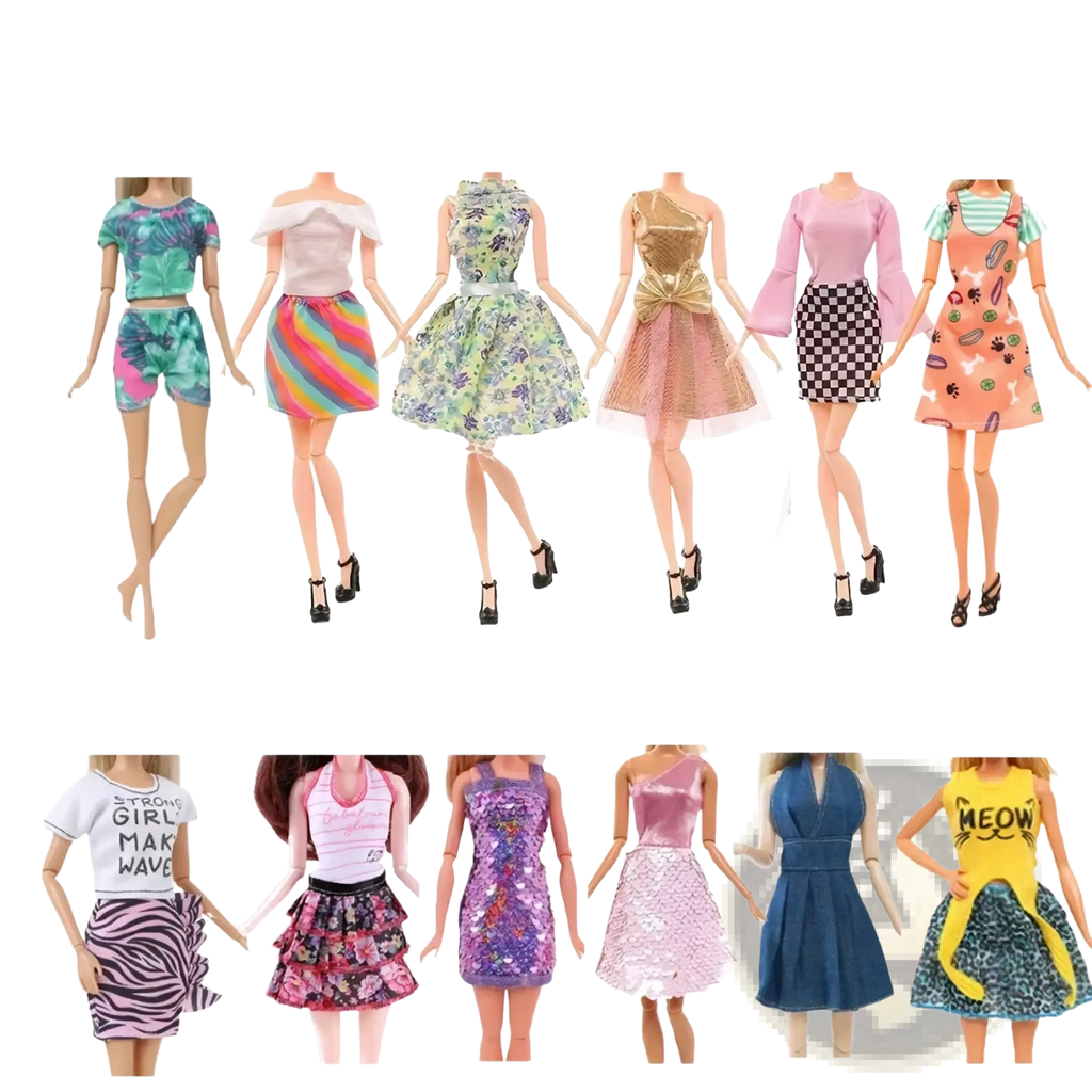 A collection of ten colorful fashion-forward barbie doll outfits from the 64-piece doll clothes and accessories set