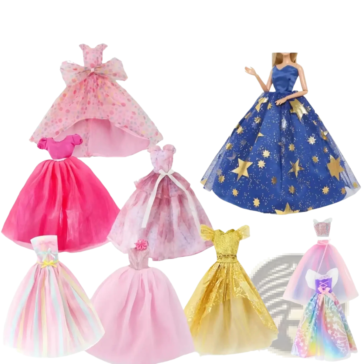 A 64-piece doll clothes and accessories set featuring colorful sheer layered gowns with polka dots star patterns and glittery gold