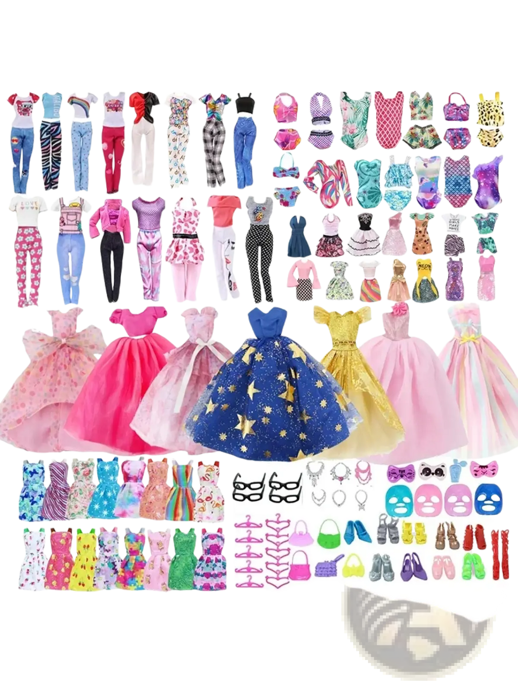 A vibrant 64-piece doll clothes and accessories set featuring assorted colorful outfits and styles for Barbie dolls