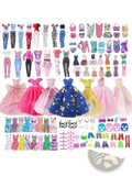 A vibrant 64-piece doll clothes and accessories set featuring assorted colorful outfits and styles for Barbie dolls