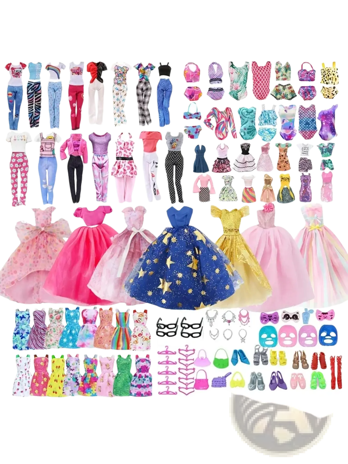 A vibrant 64-piece doll clothes and accessories set featuring assorted colorful outfits and styles for Barbie dolls