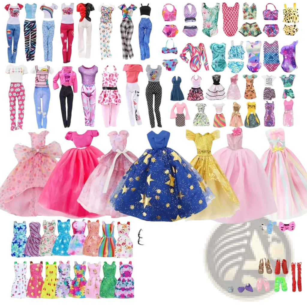 A vibrant 64-piece doll clothes and accessories set featuring assorted colors and styles for barbie dolls