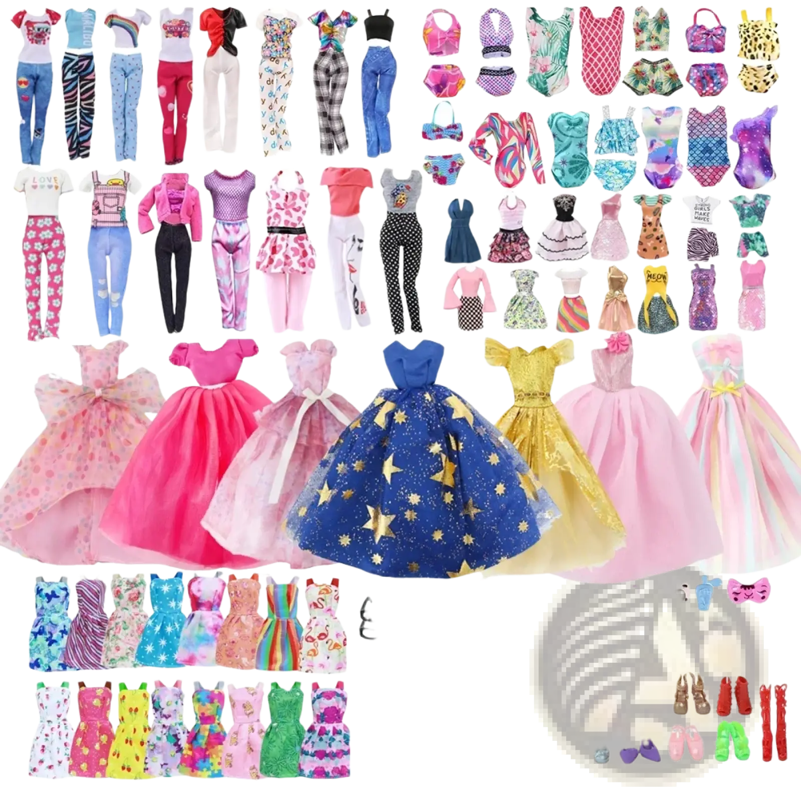 A vibrant 64-piece doll clothes and accessories set featuring assorted colors and styles for barbie dolls