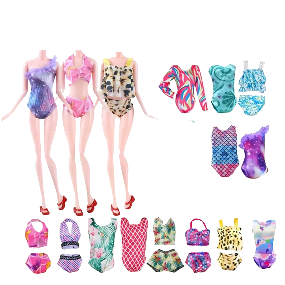 A collection of colorful patterned swimsuits for dolls included in a 64-piece doll clothes and accessories set