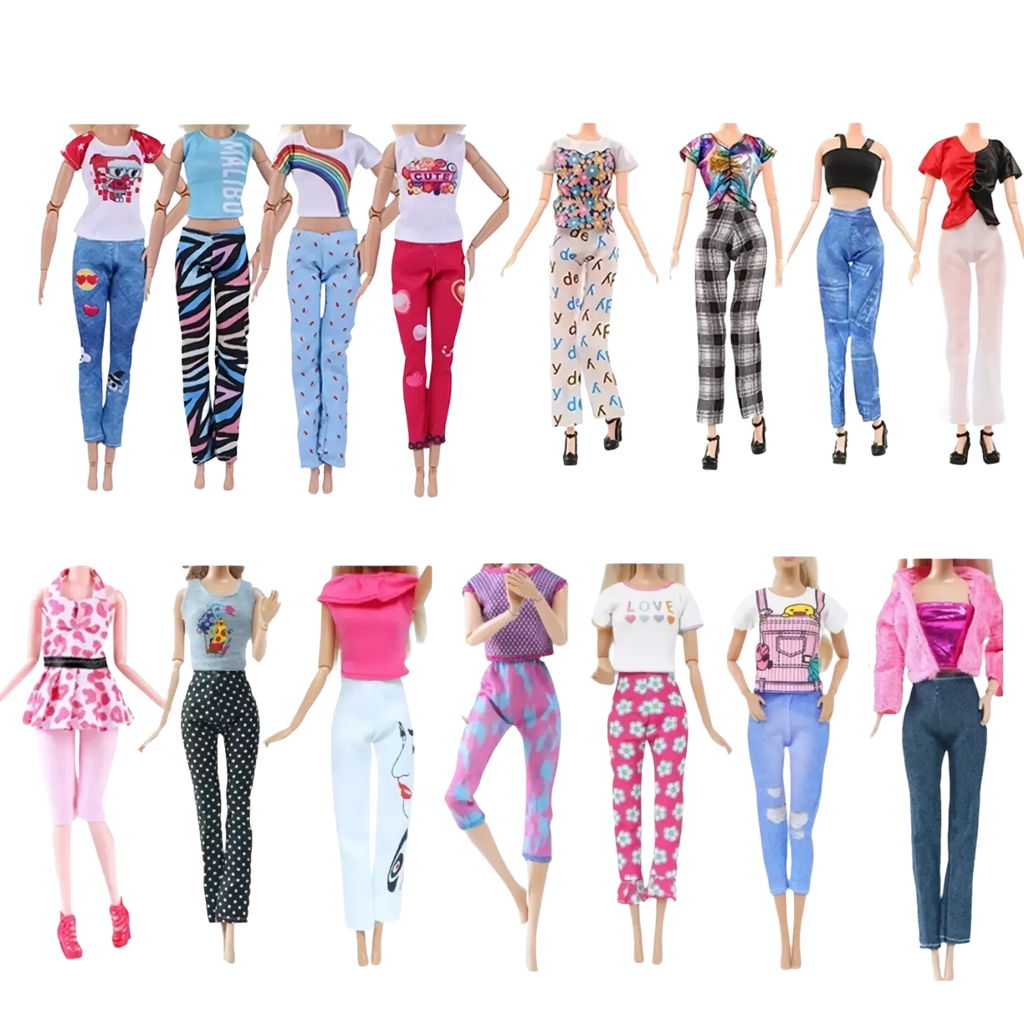 A 64-piece doll clothes and accessories set featuring colorful patterned tops and pants designed for barbie dolls