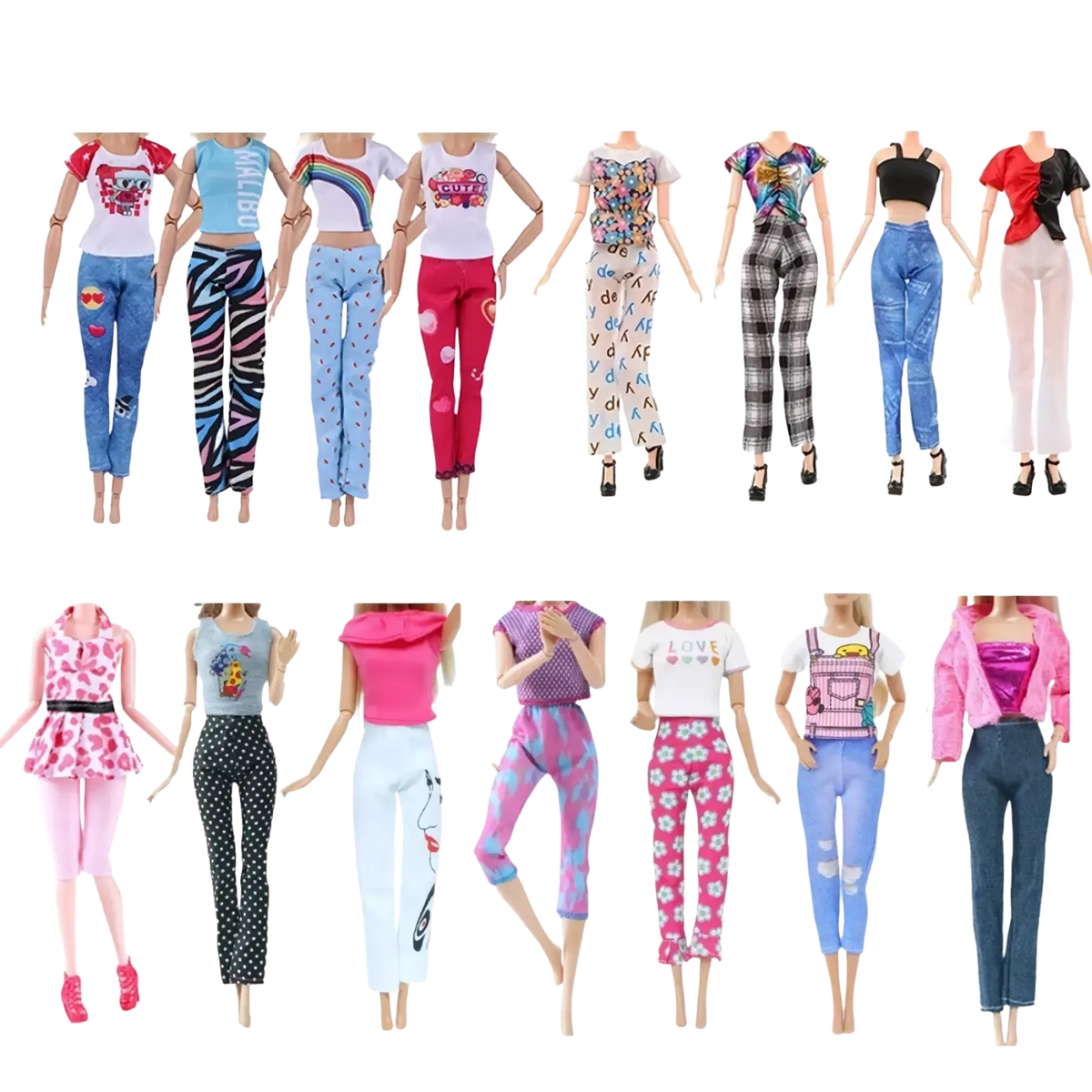 A collection of colorful patterned mini dresses for dolls in a 64-piece doll clothes and accessories set