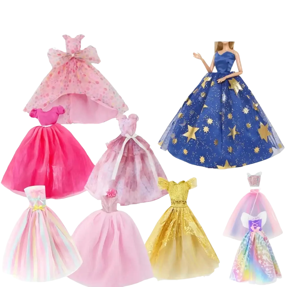 A 64-piece doll clothes and accessories set featuring colorful sheer layered gowns with polka dots star patterns and glittery gold