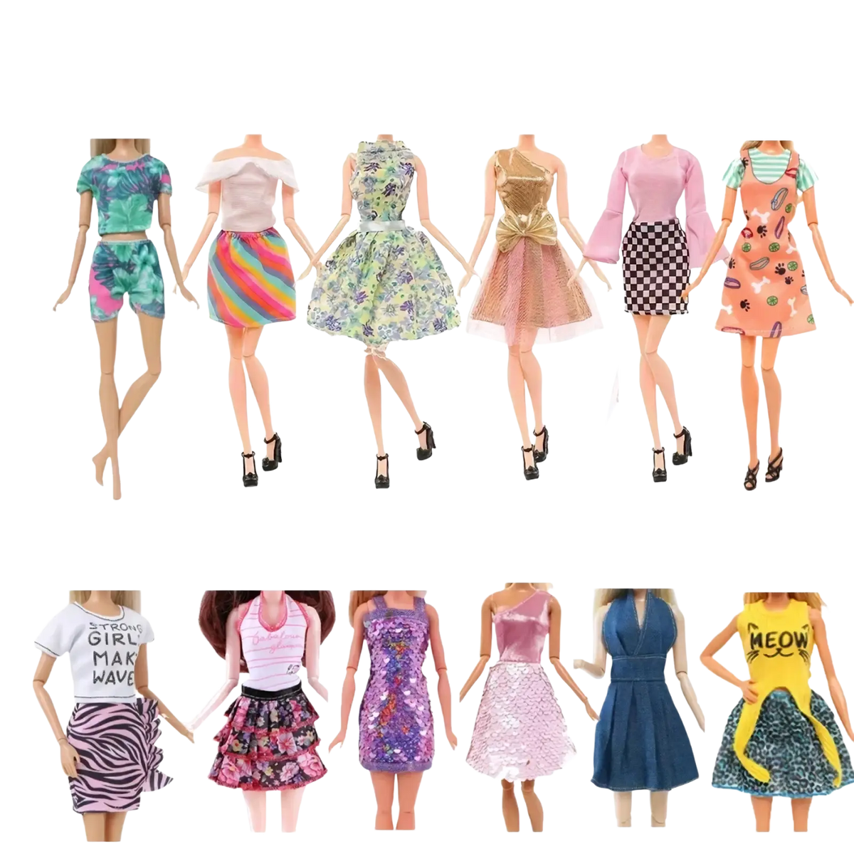 A collection of ten colorful fashion-forward barbie doll outfits from the 64-piece doll clothes and accessories set