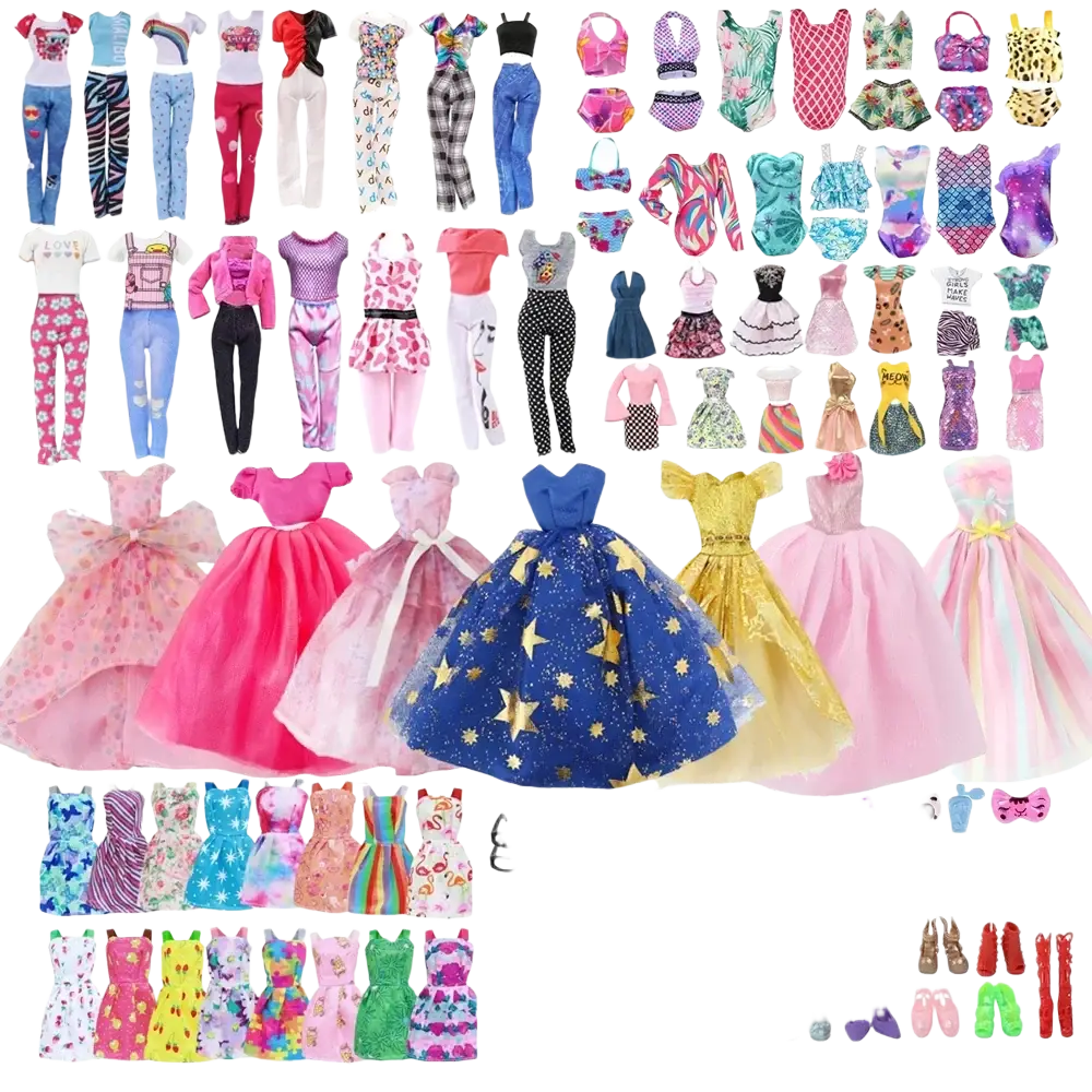 A vibrant 64-piece doll clothes and accessories set featuring assorted colors and styles for barbie dolls