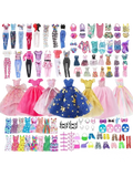 A vibrant 64-piece doll clothes and accessories set featuring assorted colorful outfits and styles for Barbie dolls