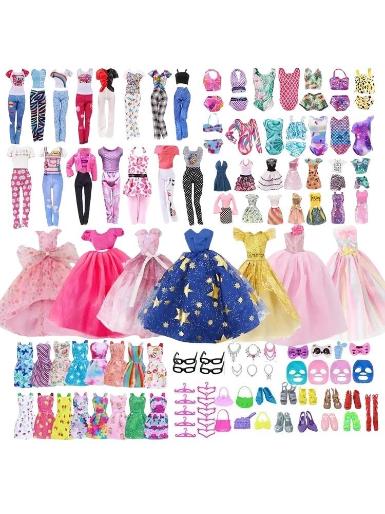 A vibrant 64-piece doll clothes and accessories set featuring assorted colorful outfits and styles for Barbie dolls