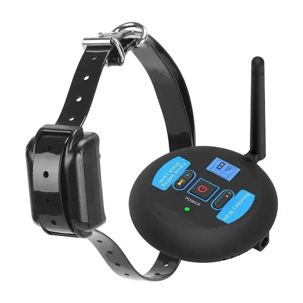 black wireless electric dog fence and training collar system with a circular remote control featuring blue buttons and an antenna