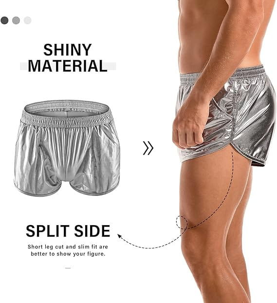 Mens shiny metallic casual shorts in silver with a split side design made of a reflective material.